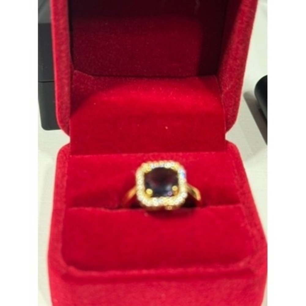 Gold Tone Amethyst Purple Cushion Cut Halo Cocktail Ring‎ Size 6.5
